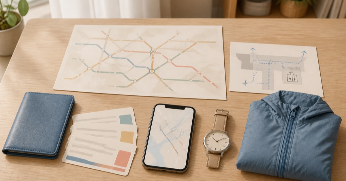 地下鉄路線図と駅構内図、出口メモ、スマートフォン、腕時計を並べた東京観光の移動計画